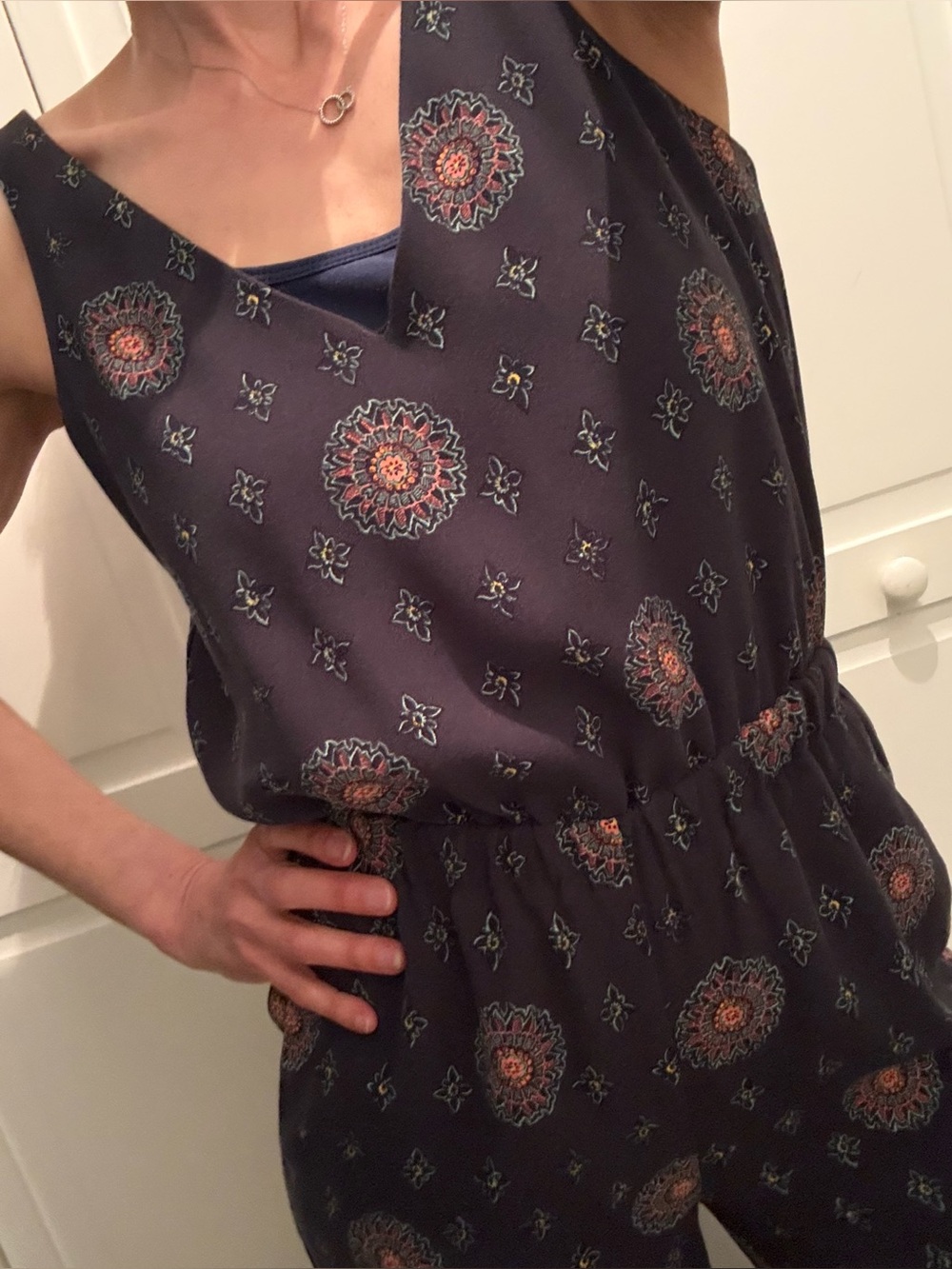 LOFT Petite Dark Plum Jumpsuit with Coral Medallion Print